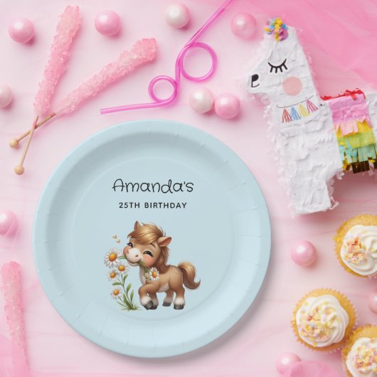 Schattigee Pony eet madeliefjes verjaardag Papieren Bordje (Feest)