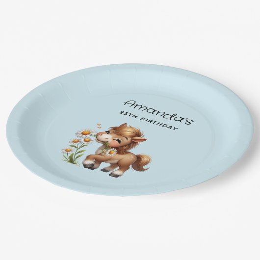 Schattigee Pony eet madeliefjes verjaardag Papieren Bordje (Gekanteld)