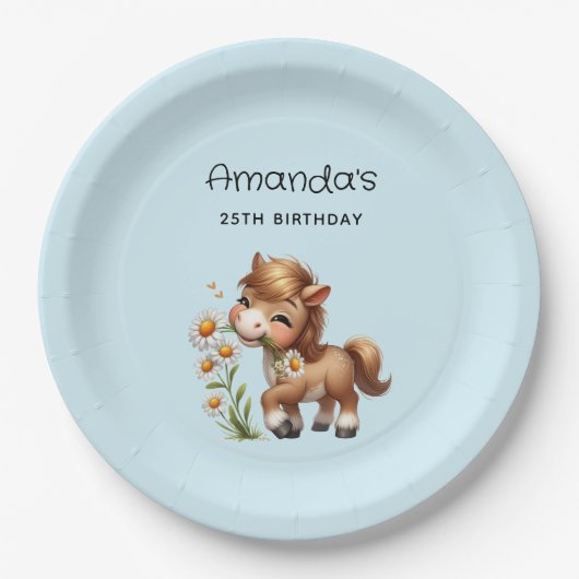 Schattigee Pony eet madeliefjes verjaardag Papieren Bordje (Voorkant)