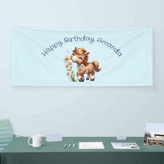 Schattigee Pony eet madeliefjes verjaardag Spandoek (Beurs)
