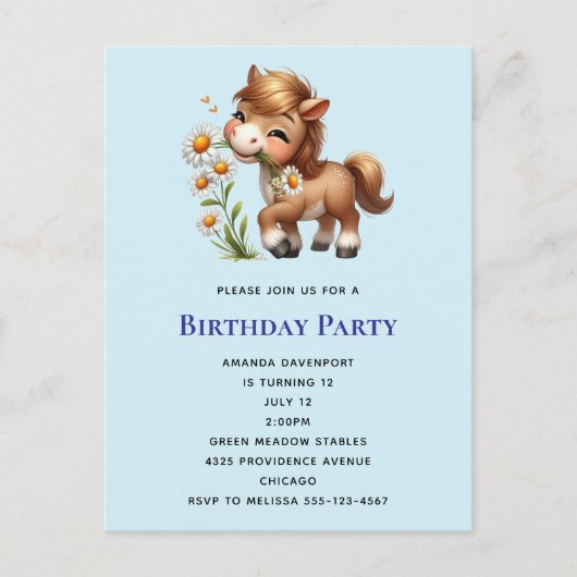Schattigee Pony eet madeliefjes verjaardag Uitnodiging Briefkaart (Voorkant)