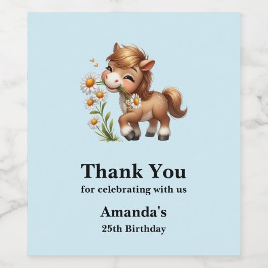 Schattigee Pony eet madeliefjes verjaardag Wijn Etiket (Enkel label)