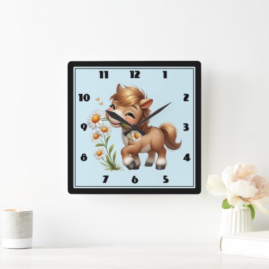 Schattigee Pony eet madeliefjes Vierkante Klok (Huis)