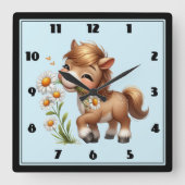 Schattigee Pony eet madeliefjes Vierkante Klok (Voorkant)