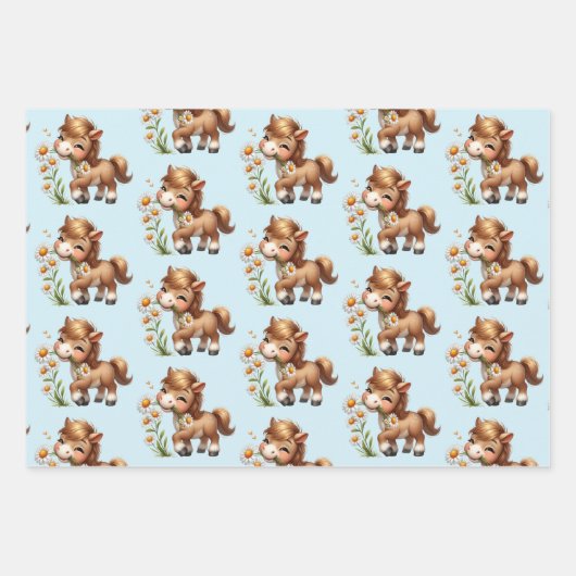 Schattigee Pony eet madeliefjespatroon Inpakpapier Vel (Voorkant 2)