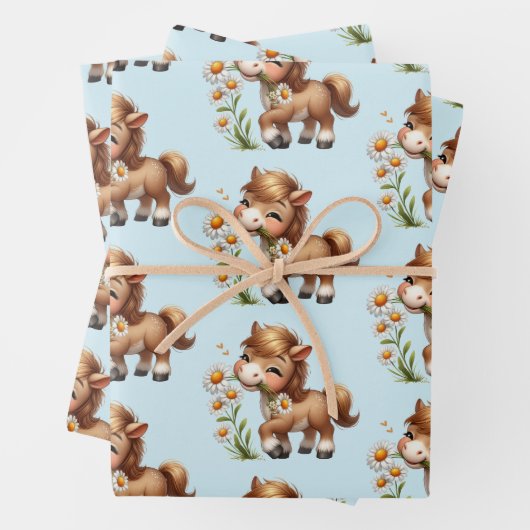 Schattigee Pony eet madeliefjespatroon Inpakpapier Vel (In situ)