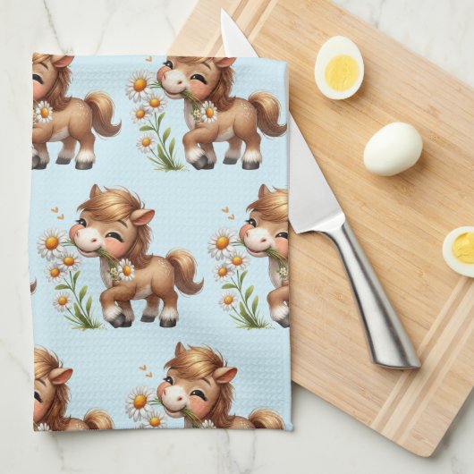 Schattigee Pony eet madeliefjespatroon Theedoek (Quarter Fold)