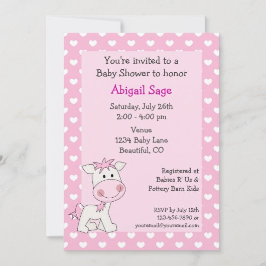 Schattigee Pony en harten meisjes Baby shower Kaart (Voorkant)