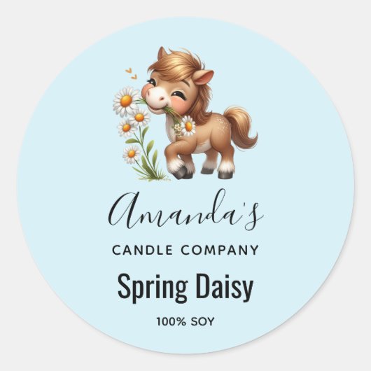 Schattigee Pony eten Daisies Candle Business Ronde Sticker (Voorkant)
