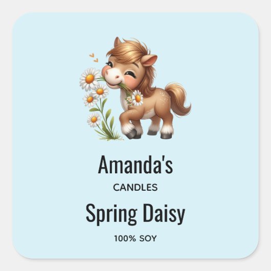 Schattigee Pony eten Daisies Candle Business Vierkante Sticker (Voorkant)