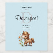 Schattigee Pony eten Daisies Monogram Wijnbereidin Wijn Etiket (Enkel label)
