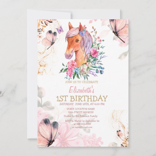 Schattigee Pony Flowers Butterflies Verjaardagsuit Kaart (Voorkant)