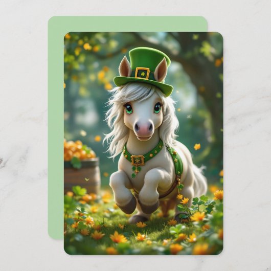 Schattigee Pony met groen pet, hoofdstel en bloeme Feestdagenkaart (Voorkant / Achterkant)