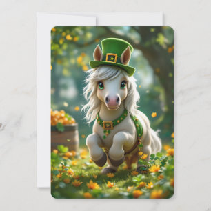 Schattigee Pony met groen pet, hoofdstel en bloeme Feestdagenkaart