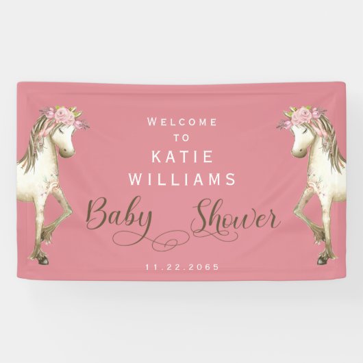 Schattigee Pony Roze Baby shower Welkomstbord Bann Spandoek (Horizontaal)