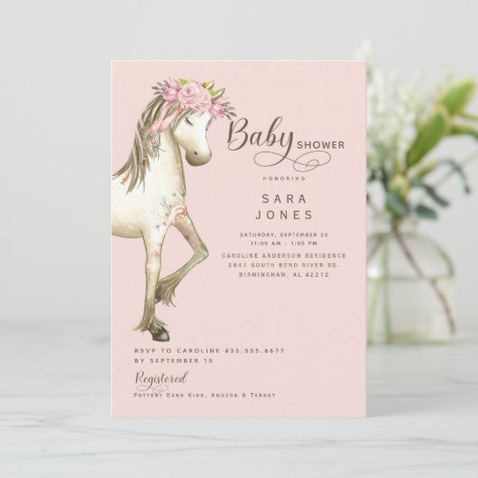 Schattigee Pony Waterverf Roze Baby shower II Kaart (Staand voorkant)