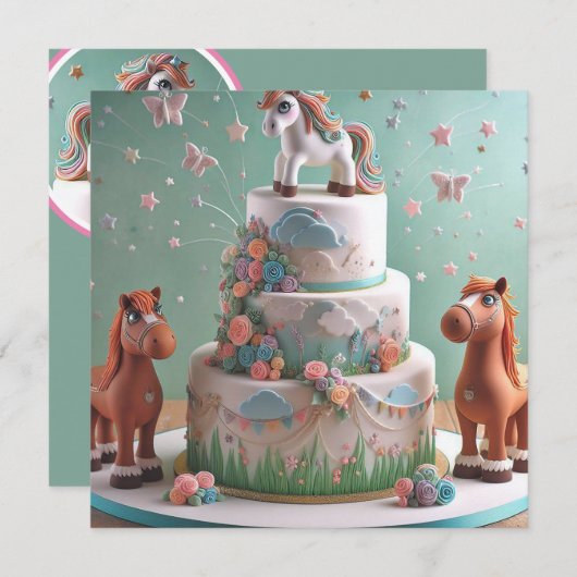 SCHATTIGEE PONY'S THEMA VERJAARDAGSTAART KAART (Voorkant / Achterkant)