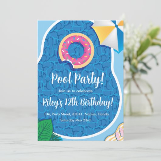 Schattigee Pool Donut thema feestuitnodiging Kaart (Staand voorkant)