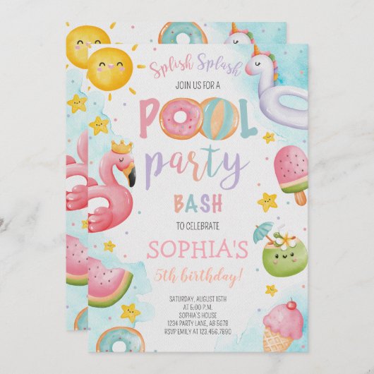 Schattigee Pool Party Verjaardag Bash Kaart (Voorkant / Achterkant)