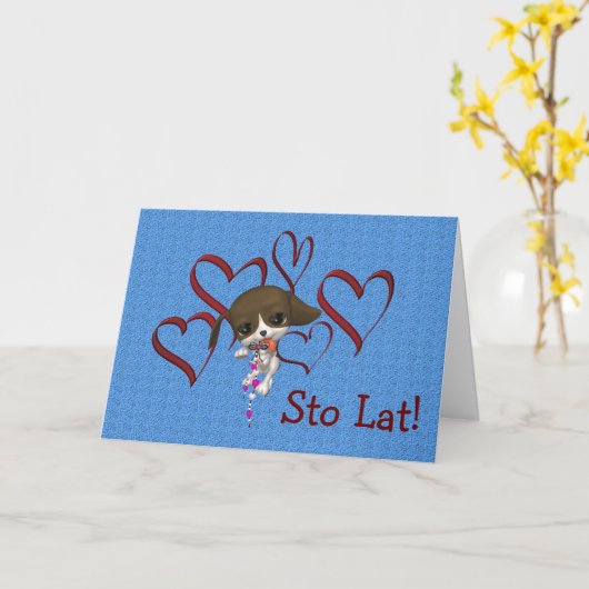 Schattigee Poolse Verjaardag Kaart Puppy Hearts (Gele Bloem)