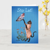 Schattigee Poolse Verjaardagskat Vlinder Kaart (Gele Bloem)