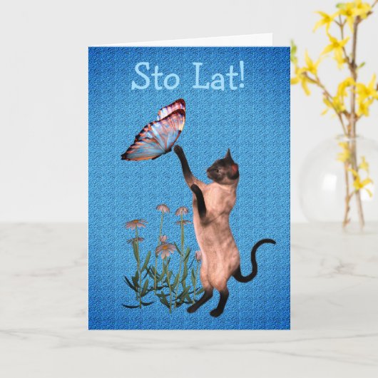 Schattigee Poolse Verjaardagskat Vlinder Kaart (Gele Bloem)