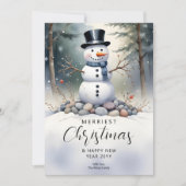 Schattigee prachtige sneeuwman Frosted Landscape F Feestdagenkaart (Voorkant)