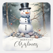 Schattigee prachtige sneeuwman Frosted Landscape F Vierkante Sticker (Voorkant)