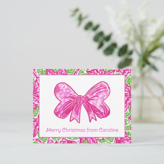 Schattigee Preppy Christmas Pink & Green Bow Feestdagenkaart (Staand voorkant)