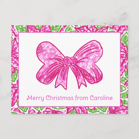 Schattigee Preppy Christmas Pink & Green Bow Feestdagenkaart (Voorkant)