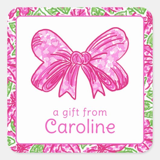 Schattigee Preppy Christmas Pink & Green Bow Vierkante Sticker (Voorkant)