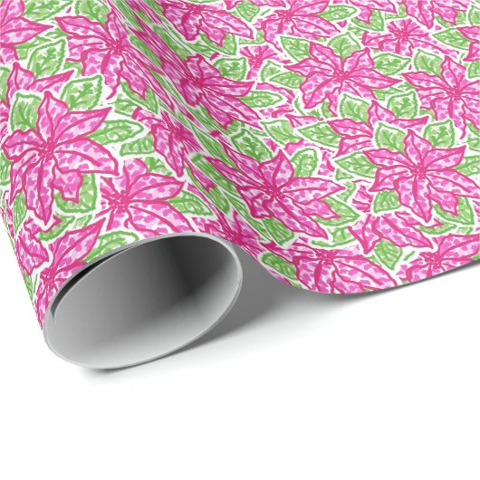 Schattigee Preppy Christmas Pink & Green Poinsetti Cadeaupapier (Rol Hoek)