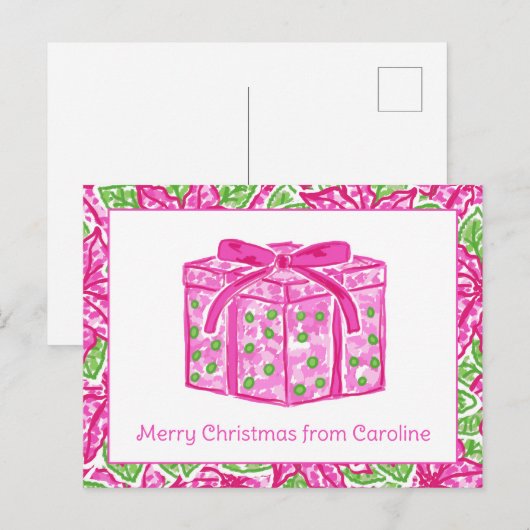 Schattigee Preppy Christmas Roze & Groen Cadeau Feestdagenkaart (Voorkant / Achterkant)