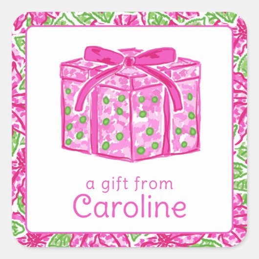 Schattigee Preppy Christmas Roze & Groen Cadeau Vierkante Sticker (Voorkant)