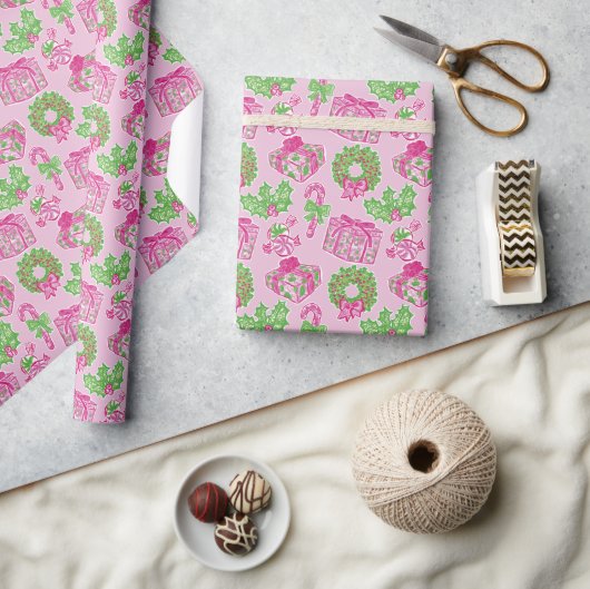 Schattigee Preppy Kerst Roze & Groene Cadeaus & Bo Cadeaupapier (Crafts)