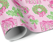 Schattigee Preppy Kerst Roze & Groene Cadeaus & Bo Cadeaupapier (Rol Hoek)