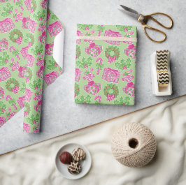 Schattigee Preppy Kerst Roze & Groene Cadeaus & Bo Cadeaupapier