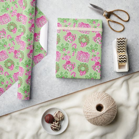 Schattigee Preppy Kerst Roze & Groene Cadeaus & Bo Cadeaupapier (Crafts)