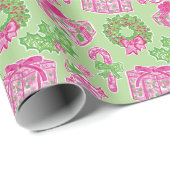 Schattigee Preppy Kerst Roze & Groene Cadeaus & Bo Cadeaupapier (Rol Hoek)