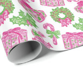 Schattigee Preppy Kerst Roze & Groene Cadeaus & Bo Cadeaupapier (Rol Hoek)