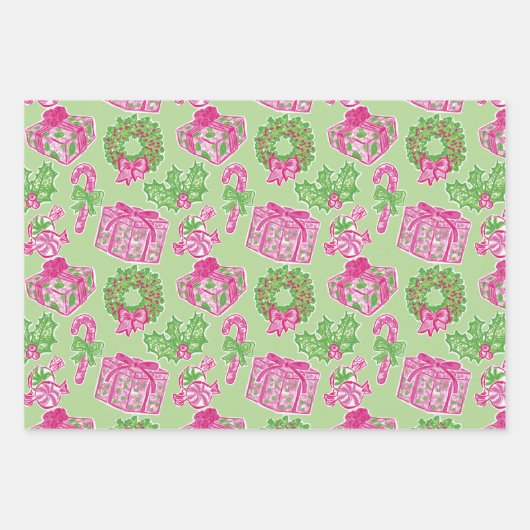 Schattigee Preppy Kerst Roze & Groene Cadeaus & Bo Inpakpapier Vel (Voorkant 3)