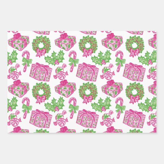 Schattigee Preppy Kerst Roze & Groene Cadeaus & Bo Inpakpapier Vel (Voorkant 2)