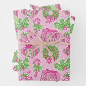 Schattigee Preppy Kerst Roze & Groene Cadeaus & Bo Inpakpapier Vel (In situ)