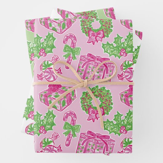 Schattigee Preppy Kerst Roze & Groene Cadeaus & Bo Inpakpapier Vel (In situ)