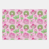 Schattigee Preppy Kerst Roze & Groene Cadeaus & Bo Inpakpapier Vel (Voorkant)