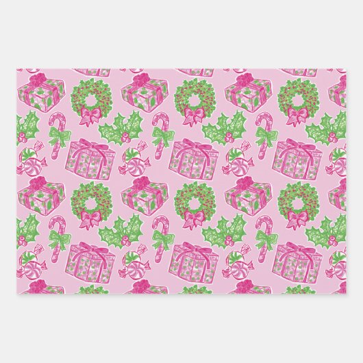 Schattigee Preppy Kerst Roze & Groene Cadeaus & Bo Inpakpapier Vel (Voorkant)