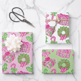 Schattigee Preppy Kerst Roze & Groene Cadeaus & Bo Inpakpapier Vel