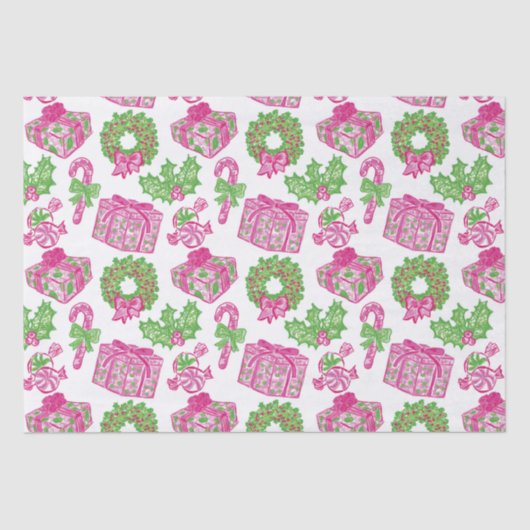 Schattigee Preppy Kerst Roze & Groene Cadeaus & Bo Tissuepapier (Voorkant)