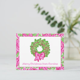 Schattigee Preppy Kerst Roze & Groene Krans Feestdagenkaart