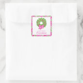 Schattigee Preppy Kerst Roze & Groene Krans Vierkante Sticker (Tas)